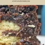 A pinterest pin with the text Fudgey Triple Layer Brownies. There is an image of the brownies cut and served on a plate
