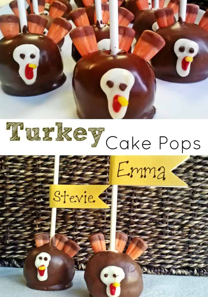 A vertical collage image with the text "turkey cake pops." The top photograph shows chocolate covered turkey cake pops for thanksgiving. The bottom image shows the turkey cake pops being used as a place card for Thanksgiving, with names on each stick. 