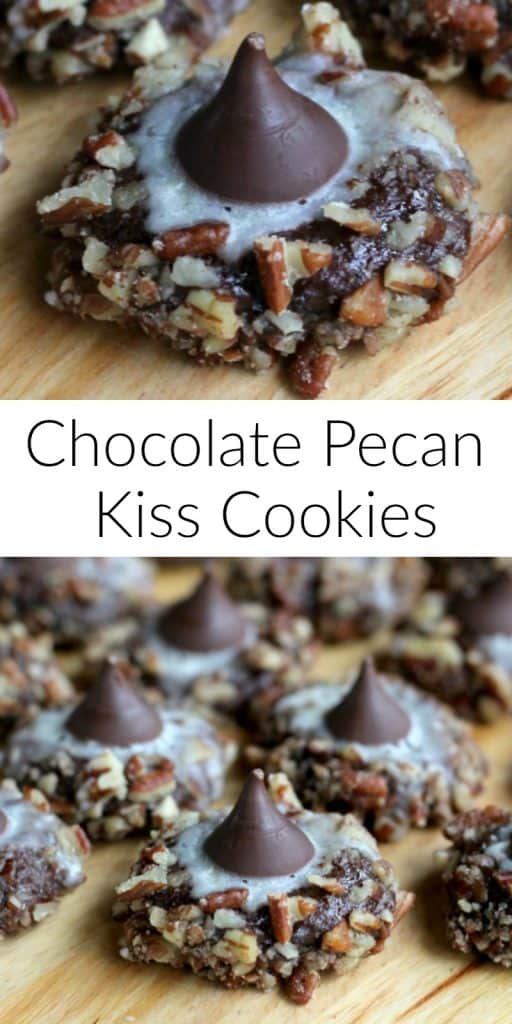 A pinterest pin showing chocolate pecan cookies with a Hershey kiss on top. The text says Chocolate Pecan Kiss Cookies.