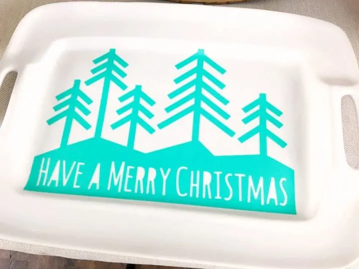 Christmas cookie tray decorated with a teal Have a Merry Christmas design using a Cricut