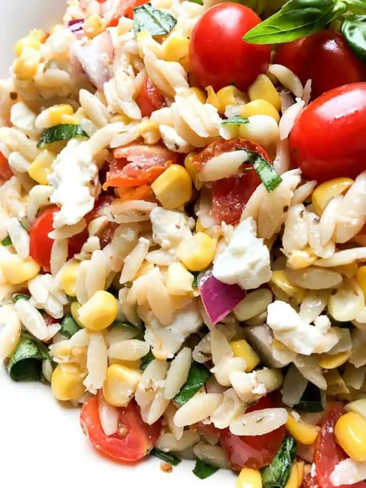 Roasted Corn and Tomato Summer Orzo Salad with feta cheese