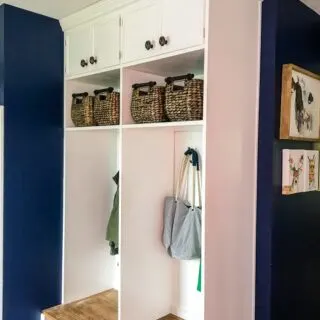 How to build DIY mudroom coat bench with cabinet doors step by step