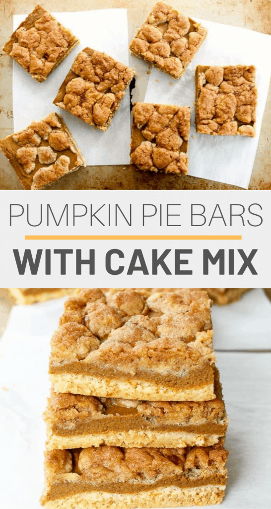 pumpkin pie bars with yellow cake mix and text in the middle of the picture saying the name