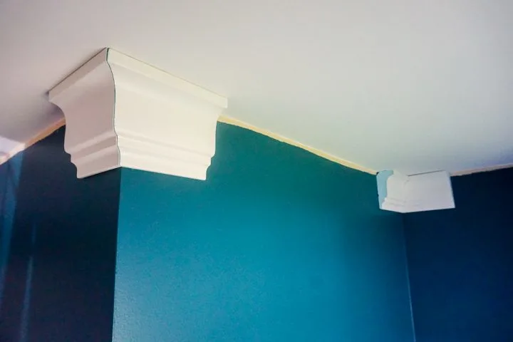 corners of crown molding on a teal wall