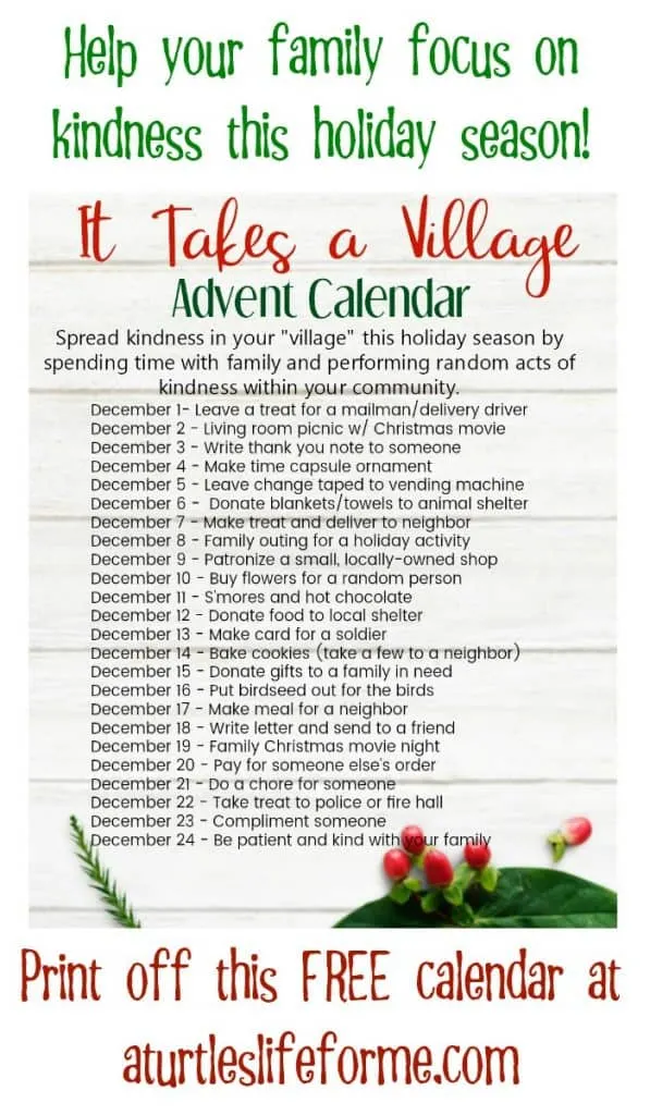 It takes a village random act  of kindness advent calendar free printable of 24 random acts of kindness ideas for Christmas