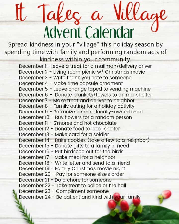 It takes a village random act  of kindness advent calendar free printable of 24 random acts of kindness ideas for Christmas