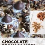 A pinterest pin with an image of a batch of chocolate pecan cookies and chopped pecans in a collage. The Text says Chocolate Pecan Cookies