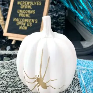 white ceramic pumpkin with gold vinyl spider