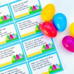 a sheet of paper with Easter egg scavenger hunt clues and plastic eggs beside it