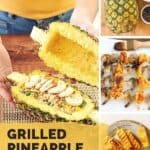 A pinterest pin with the text Grilled Pineapple Boats. The image is a collage showing photos of a teriyaki shrimp pineapple recipe.
