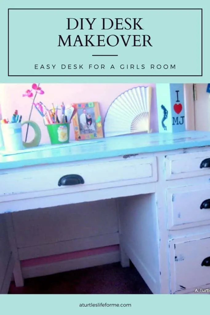 A Pinterest Pin with a photo showing a wood desk makeover for a girls room in blue and white. The text says DIY Desk Makeover Easy Desk for a Girls Room