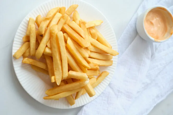 A plate of french fries and small dish of chipotle mayo