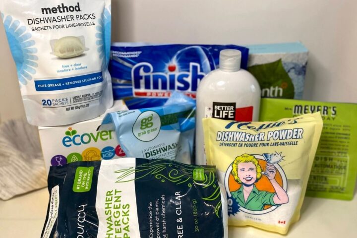10 different brands of dishwasher detergent stand on a white counter prior to testing them to find the best