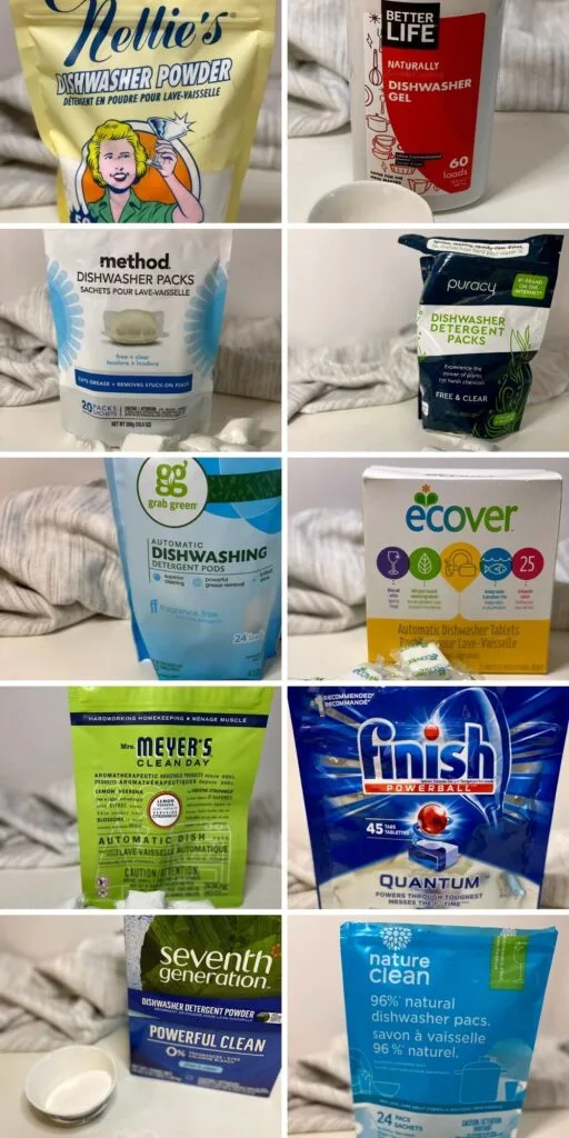 A long collage graphic with 10 individual photos of different dishwasher detergent brands in their packaging