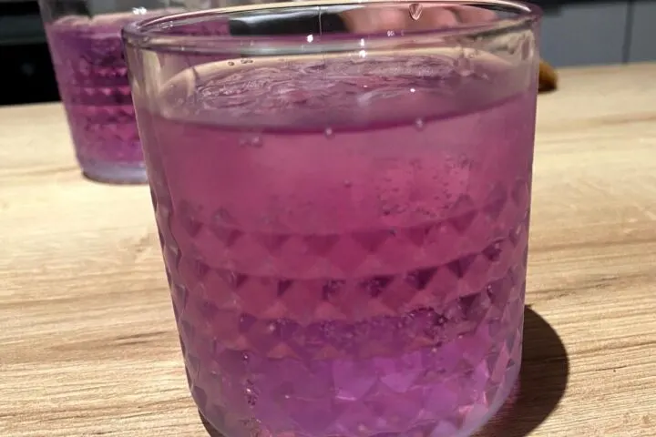 Purple Empress gin and tonic in a cocktail glass. Good gin is one of several home bar essentials to stock for entertaining.