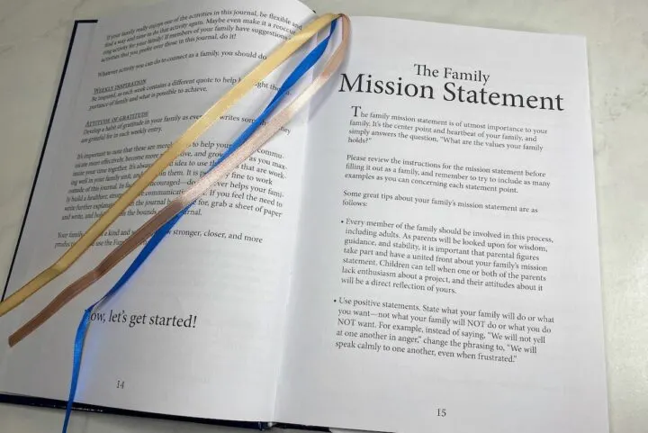 An interior page of The Family Journal Trailblazers about how to write a family mission statement